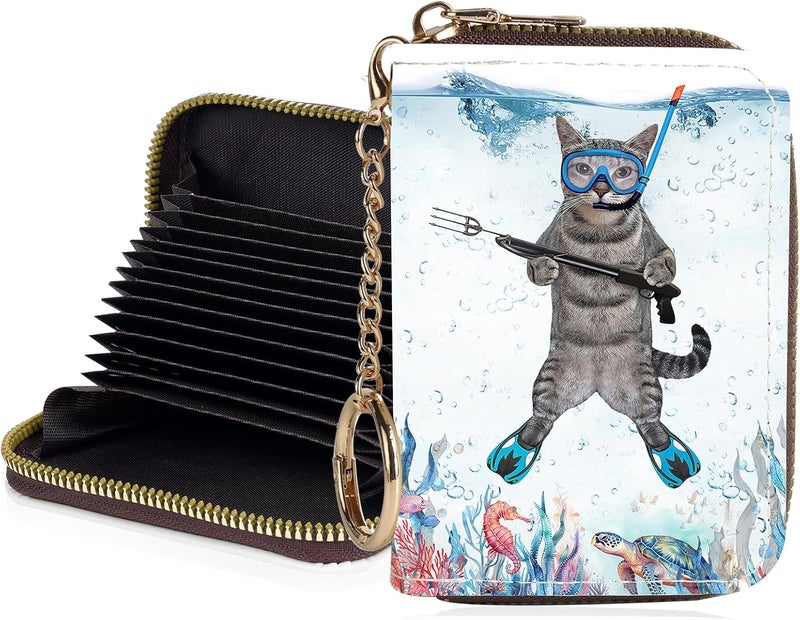 Luoycxy Credit Card Holder for Women,Small Rfid Wallet with Keychain Zipper,Cute PU Leather Card Case Wallet，Accordion Credit Card Wallets Gift,Diving Cat - Image 1